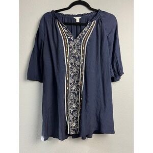Cato Navy Blue Embroidered‎ Sequin Crinkle Gauze Boho Blouse Plus Size 26/28W